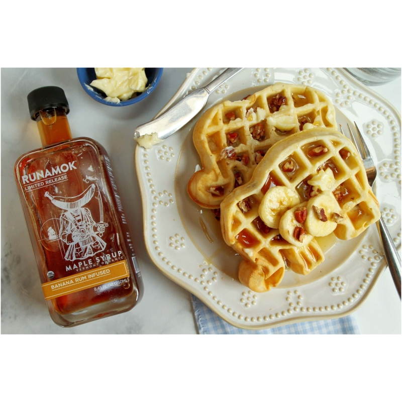Banana Rum Infused Maple Syrup with Waffles